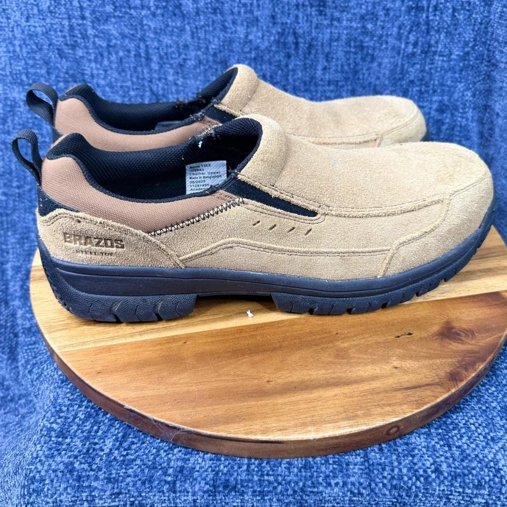 Brazos Steel Toe Work Shoes Mens 13EE Tan Suede Leather Slip On 170843